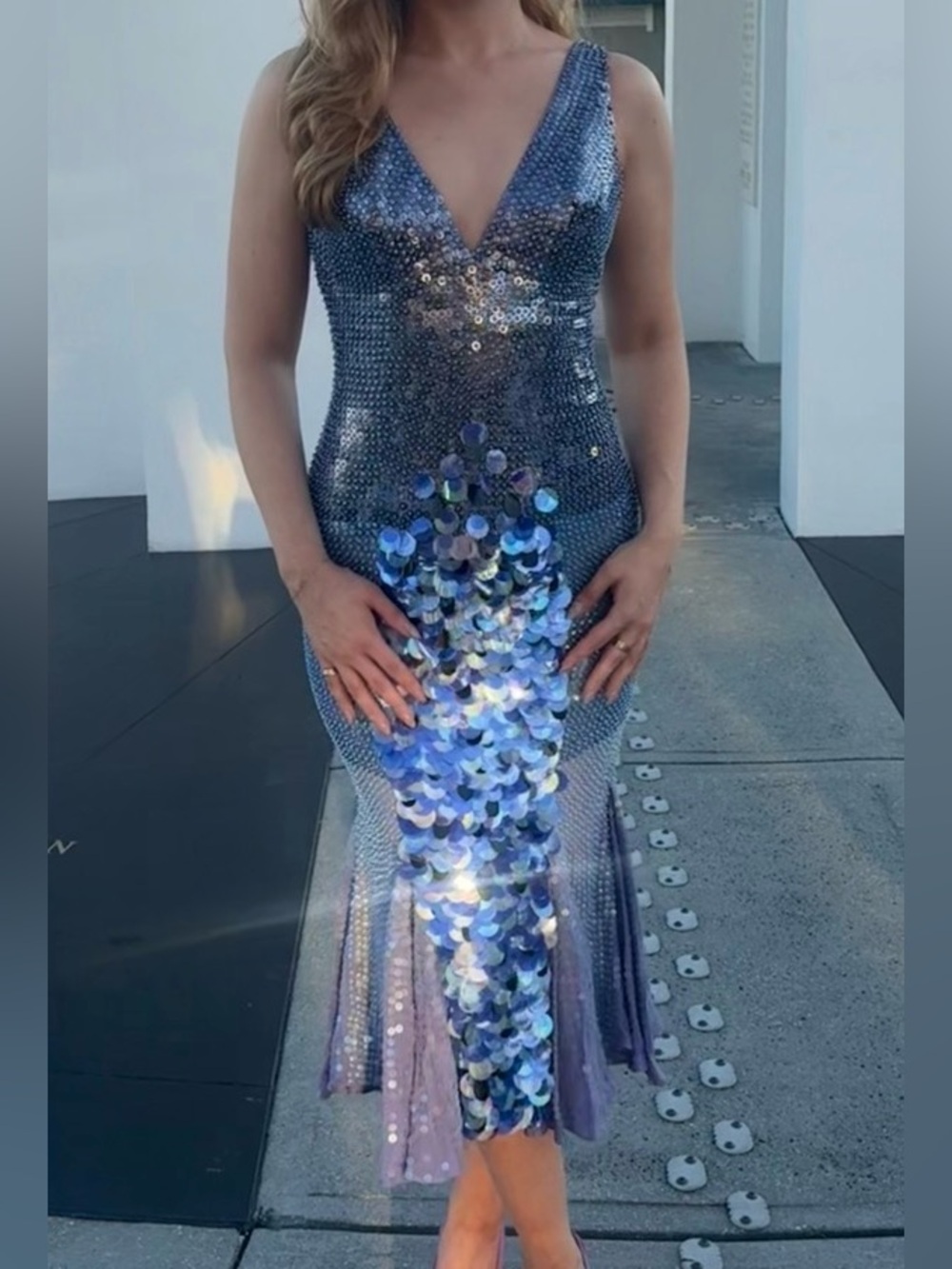 Mandalay Iridescent Sequin V-Neck Midi Dress in Lavender Blue
